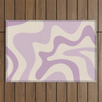 Retro Liquid Swirl Abstract Pattern in Light Lavender Lilac Purple and Cream Outdoor Rug Gallery Image 1