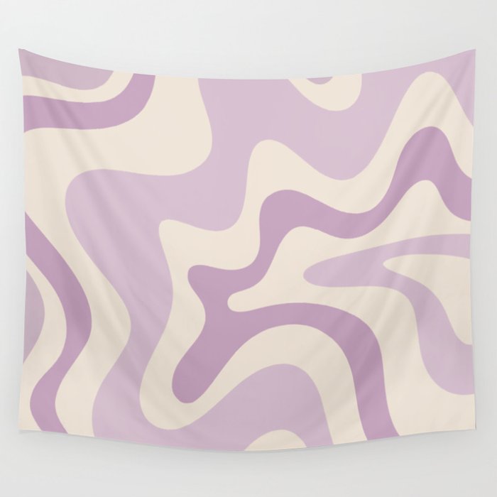 Retro Liquid Swirl Abstract Pattern in Light Lavender Lilac Purple and Cream Wall Tapestry Gallery Image 4