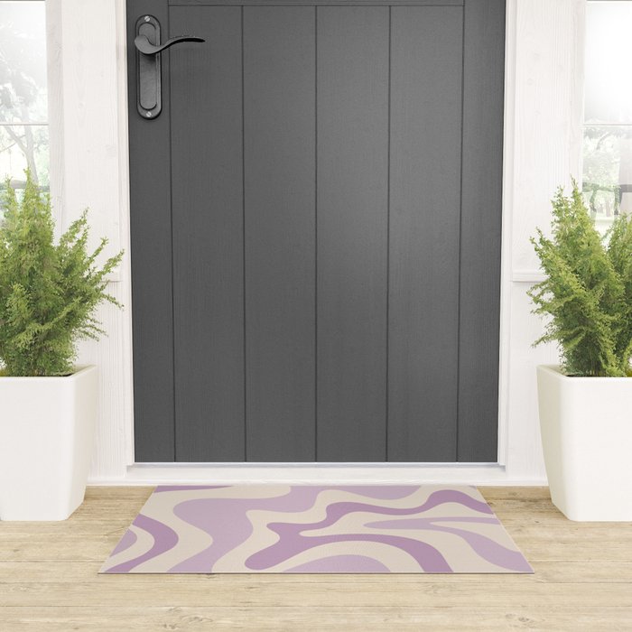 Retro Liquid Swirl Abstract Pattern in Light Lavender Lilac Purple and Cream Welcome Mat Gallery Image 3