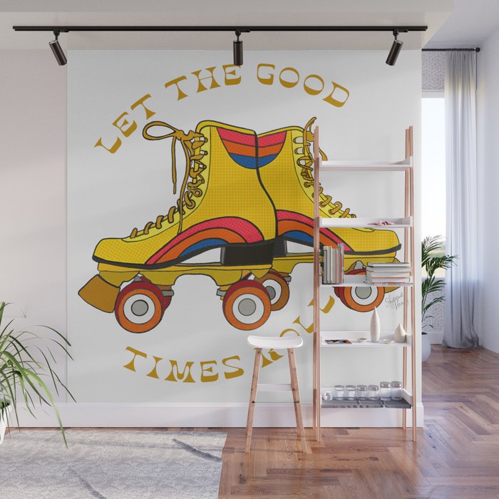 Retro Rainbow Roller Skates Let The Good Times Roll Yellow Wall Mural Gallery Image 1