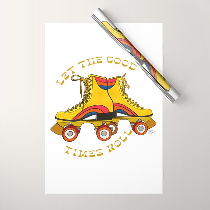 Retro Rainbow Roller Skates Let The Good Times Roll Yellow Wrapping Paper Gallery Image 1