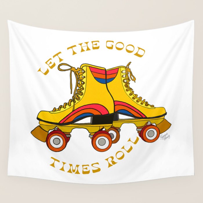 Retro Rainbow Roller Skates Let The Good Times Roll Yellow Wall Tapestry Gallery Image 4