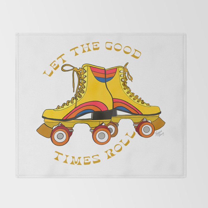 Retro Rainbow Roller Skates Let The Good Times Roll Yellow Throw Blanket Gallery Image 2