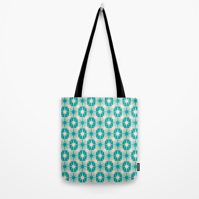Mid Century Modern Atomic Stars Retro Checkered Starburst Pattern Turquoise Aqua Teal Tote Bag Gallery Image 2