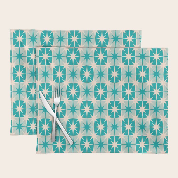 Mid Century Modern Atomic Stars Retro Checkered Starburst Pattern Turquoise Aqua Teal Placemat Gallery Image 1