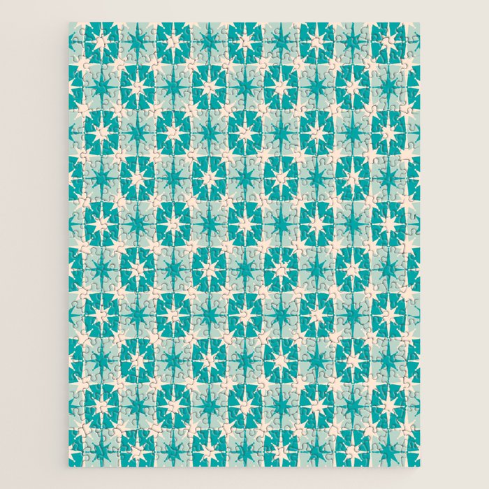 Mid Century Modern Atomic Stars Retro Checkered Starburst Pattern Turquoise Aqua Teal Jigsaw Puzzle Gallery Image 1