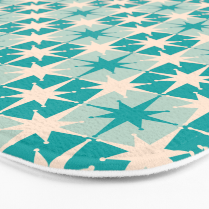 Mid Century Modern Atomic Stars Retro Checkered Starburst Pattern Turquoise Aqua Teal Bath Mat Gallery Image 3