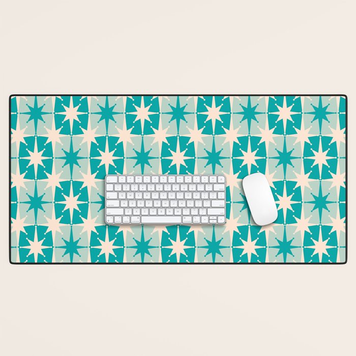 Mid Century Modern Atomic Stars Retro Checkered Starburst Pattern Turquoise Aqua Teal Desk Mat Gallery Image 1