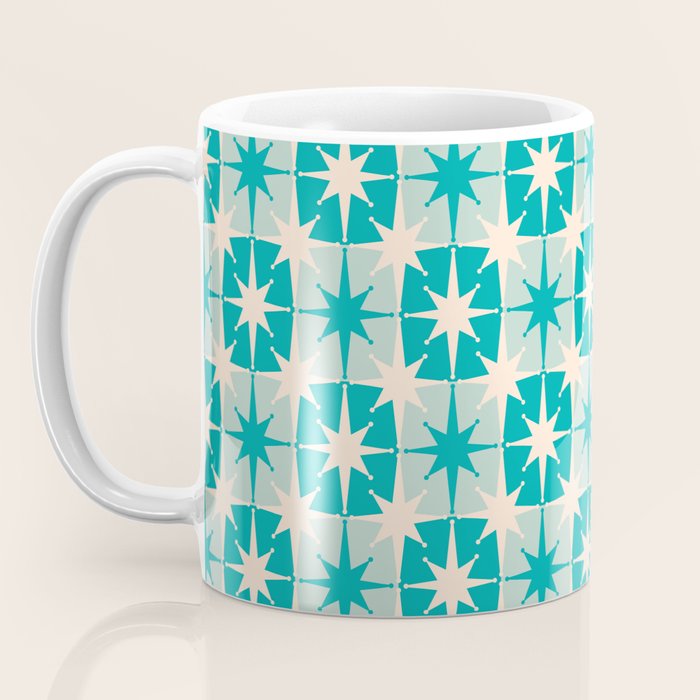 Mid Century Modern Atomic Stars Retro Checkered Starburst Pattern Turquoise Aqua Teal Coffee Mug Gallery Image 3