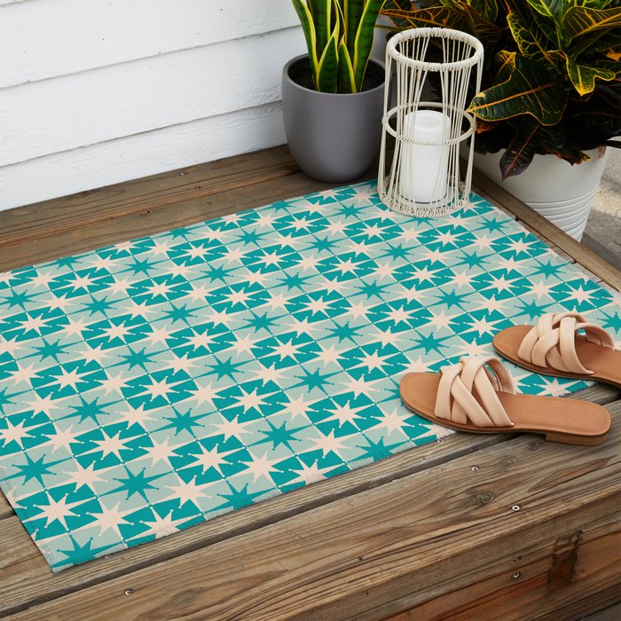 Mid Century Modern Atomic Stars Retro Checkered Starburst Pattern Turquoise Aqua Teal Outdoor Rug Gallery Image 2