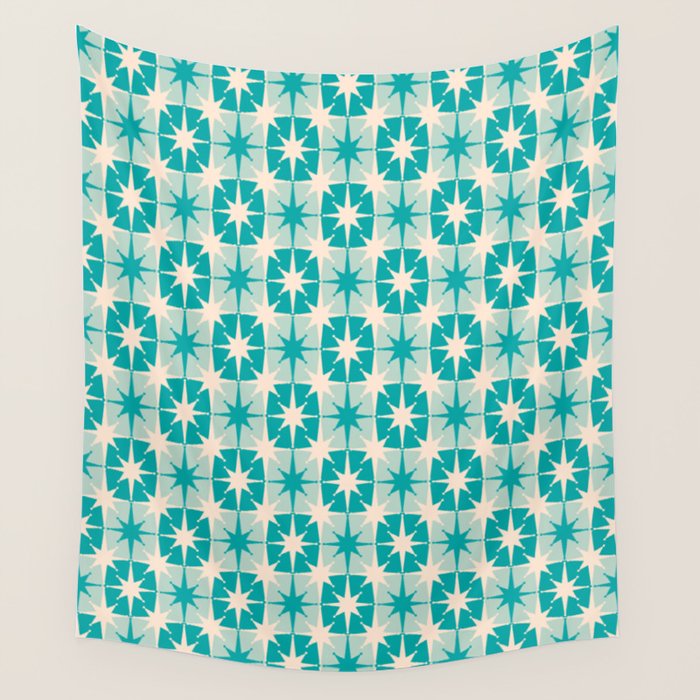 Mid Century Modern Atomic Stars Retro Checkered Starburst Pattern Turquoise Aqua Teal Wall Tapestry Gallery Image 4
