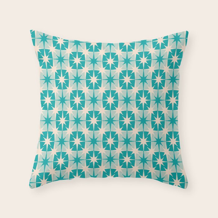 Mid Century Modern Atomic Stars Retro Checkered Starburst Pattern Turquoise Aqua Teal Throw Pillow Gallery Image 6