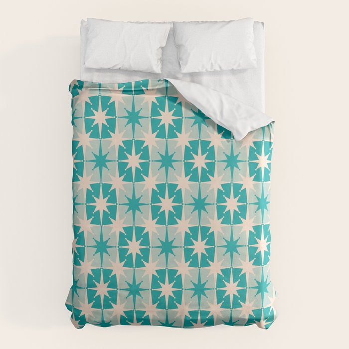 Mid Century Modern Atomic Stars Retro Checkered Starburst Pattern Turquoise Aqua Teal Duvet Cover Gallery Image 6