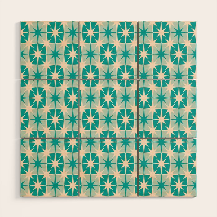 Mid Century Modern Atomic Stars Retro Checkered Starburst Pattern Turquoise Aqua Teal Wood Wall Art Gallery Image 1
