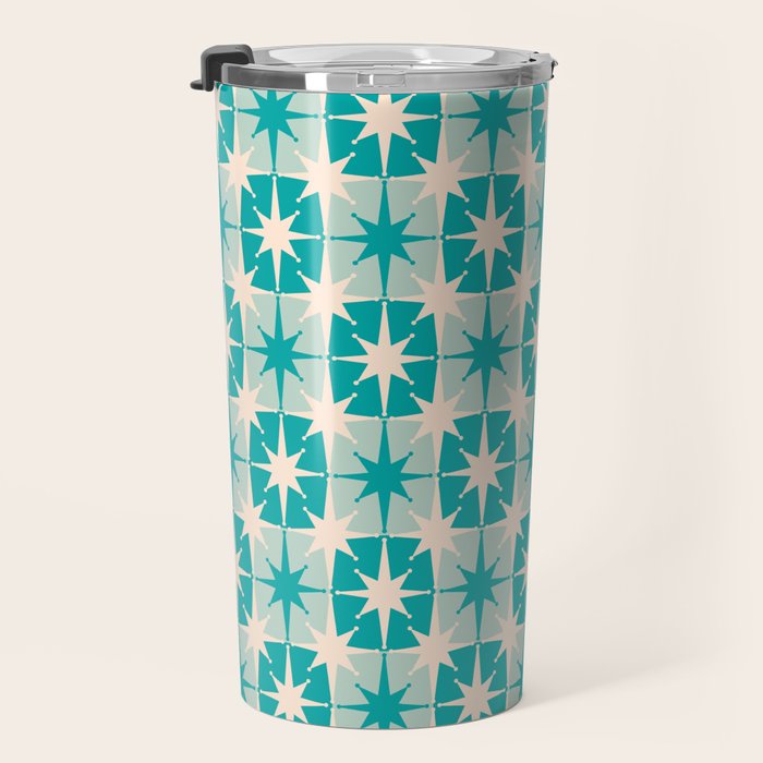 Mid Century Modern Atomic Stars Retro Checkered Starburst Pattern Turquoise Aqua Teal Travel Mug Gallery Image 3