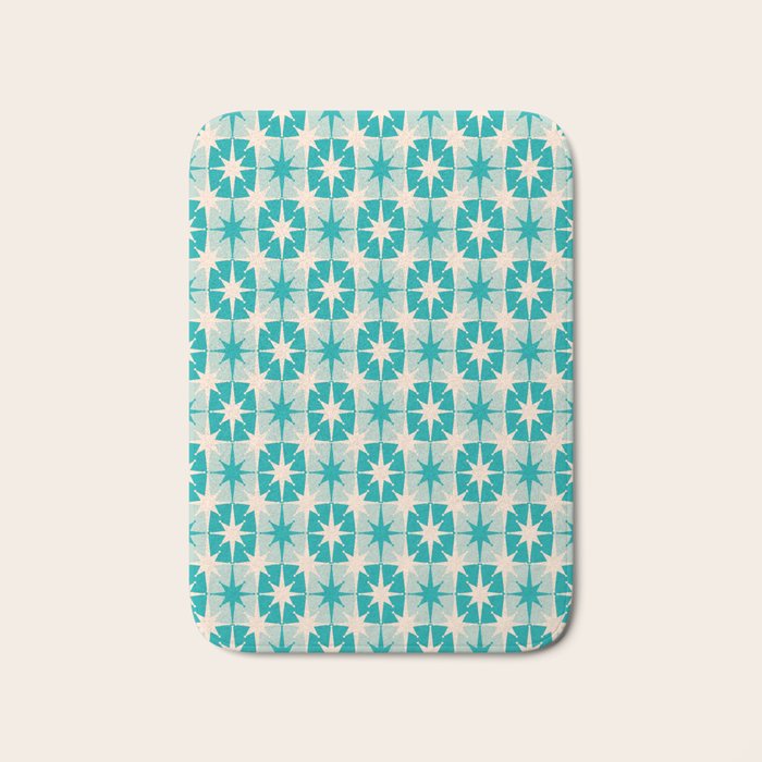 Mid Century Modern Atomic Stars Retro Checkered Starburst Pattern Turquoise Aqua Teal Bath Mat Gallery Image 1