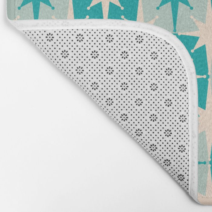Mid Century Modern Atomic Stars Retro Checkered Starburst Pattern Turquoise Aqua Teal Bath Mat Gallery Image 2