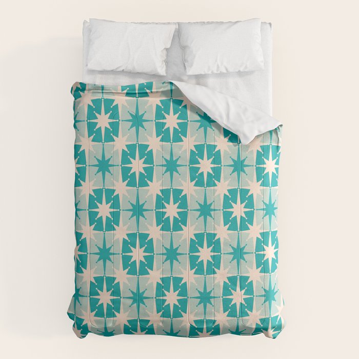 Mid Century Modern Atomic Stars Retro Checkered Starburst Pattern Turquoise Aqua Teal Comforter Gallery Image 1