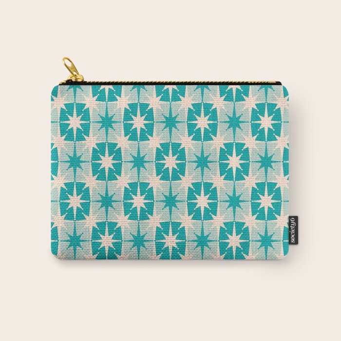 Mid Century Modern Atomic Stars Retro Checkered Starburst Pattern Turquoise Aqua Teal Carry All Pouch Gallery Image 1