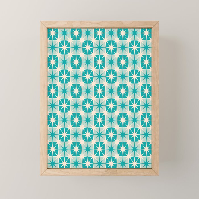 Mid Century Modern Atomic Stars Retro Checkered Starburst Pattern Turquoise Aqua Teal Mini Art Print Gallery Image 1