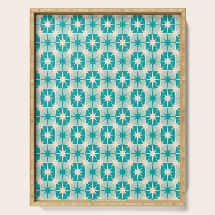 Mid Century Modern Atomic Stars Retro Checkered Starburst Pattern Turquoise Aqua Teal Serving Tray Gallery Image 1