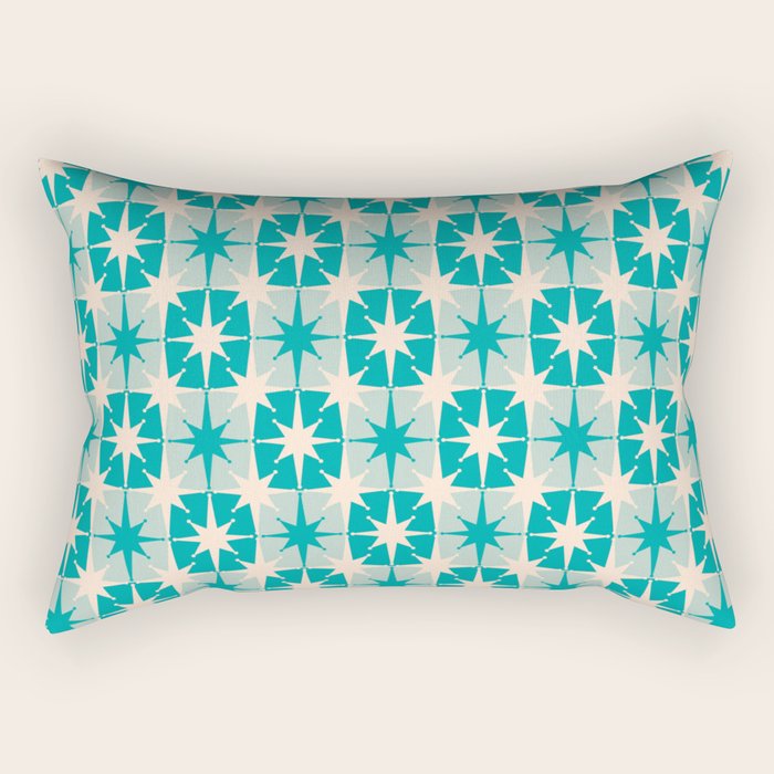 Mid Century Modern Atomic Stars Retro Checkered Starburst Pattern Turquoise Aqua Teal Rectangular Pillow Gallery Image 2