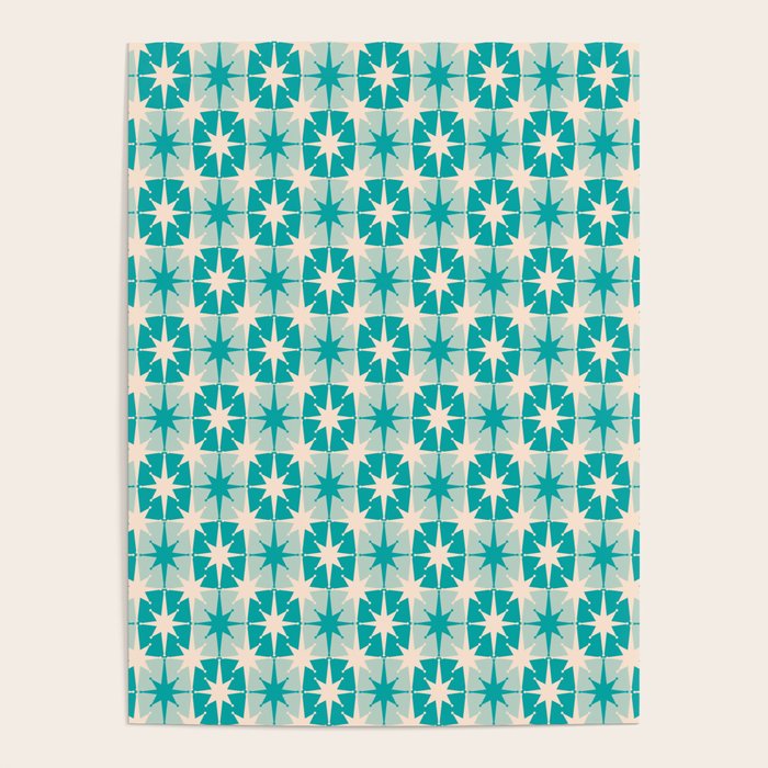Mid Century Modern Atomic Stars Retro Checkered Starburst Pattern Turquoise Aqua Teal Poster Gallery Image 4