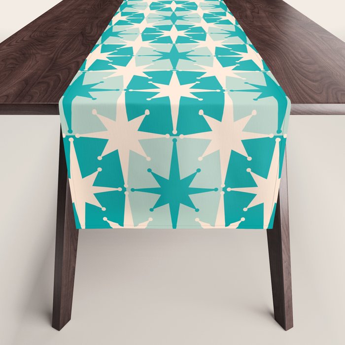 Mid Century Modern Atomic Stars Retro Checkered Starburst Pattern Turquoise Aqua Teal Table Runner Gallery Image 1