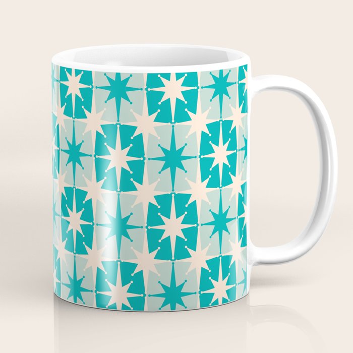Mid Century Modern Atomic Stars Retro Checkered Starburst Pattern Turquoise Aqua Teal Coffee Mug Gallery Image 1