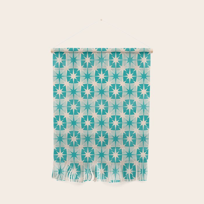 Mid Century Modern Atomic Stars Retro Checkered Starburst Pattern Turquoise Aqua Teal Wall Hanging Gallery Image 1