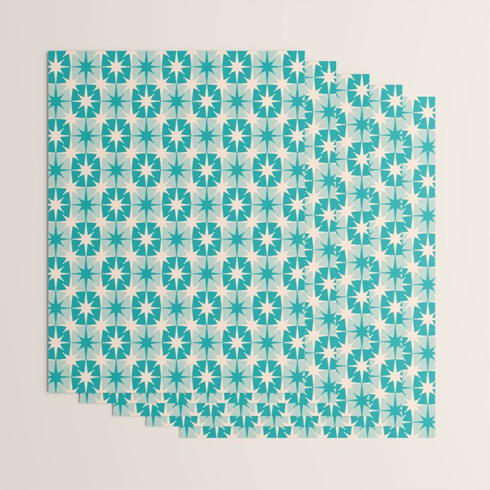 Mid Century Modern Atomic Stars Retro Checkered Starburst Pattern Turquoise Aqua Teal Wrapping Paper Gallery Image 3