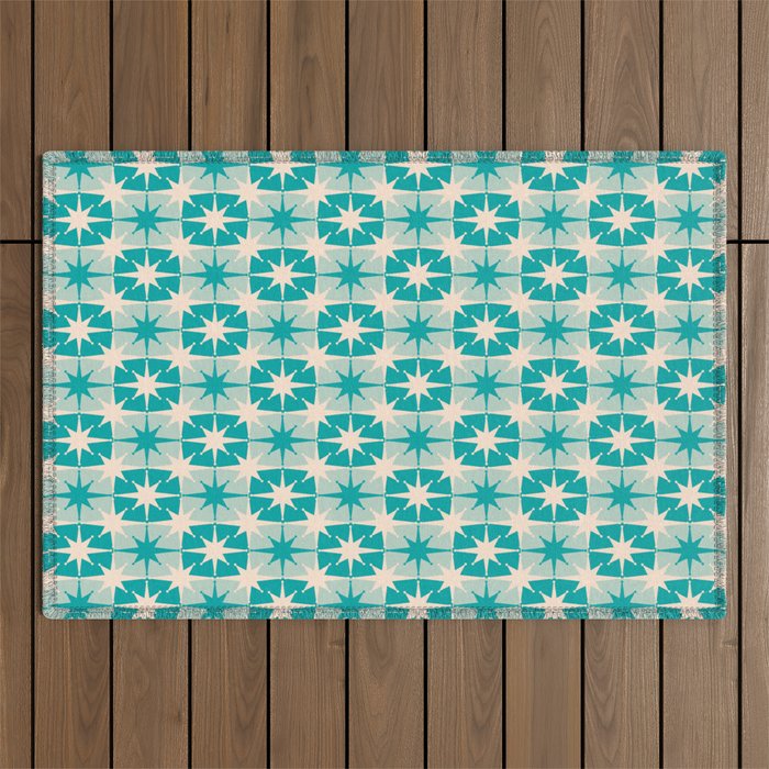 Mid Century Modern Atomic Stars Retro Checkered Starburst Pattern Turquoise Aqua Teal Outdoor Rug Gallery Image 1