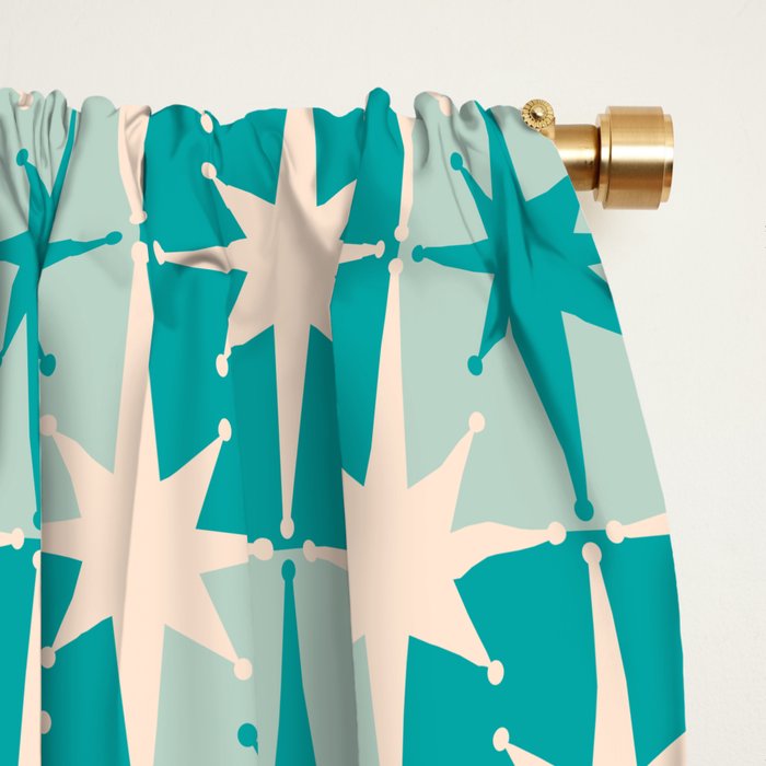 Mid Century Modern Atomic Stars Retro Checkered Starburst Pattern Turquoise Aqua Teal Window Curtain Gallery Image 2