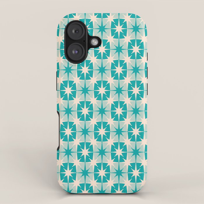 Mid Century Modern Atomic Stars Retro Checkered Starburst Pattern Turquoise Aqua Teal iPhone Case Gallery Image 1