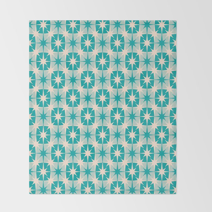 Mid Century Modern Atomic Stars Retro Checkered Starburst Pattern Turquoise Aqua Teal Throw Blanket Gallery Image 2
