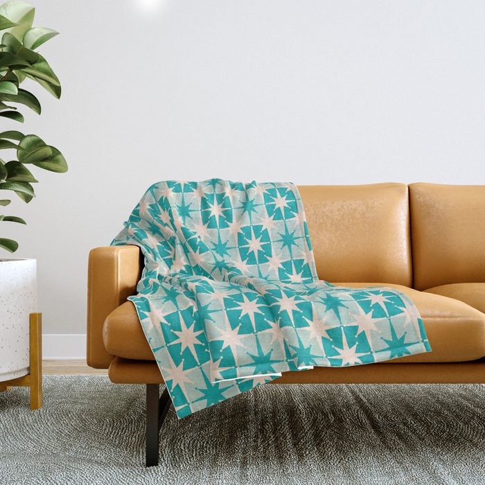 Mid Century Modern Atomic Stars Retro Checkered Starburst Pattern Turquoise Aqua Teal Throw Blanket Gallery Image 1