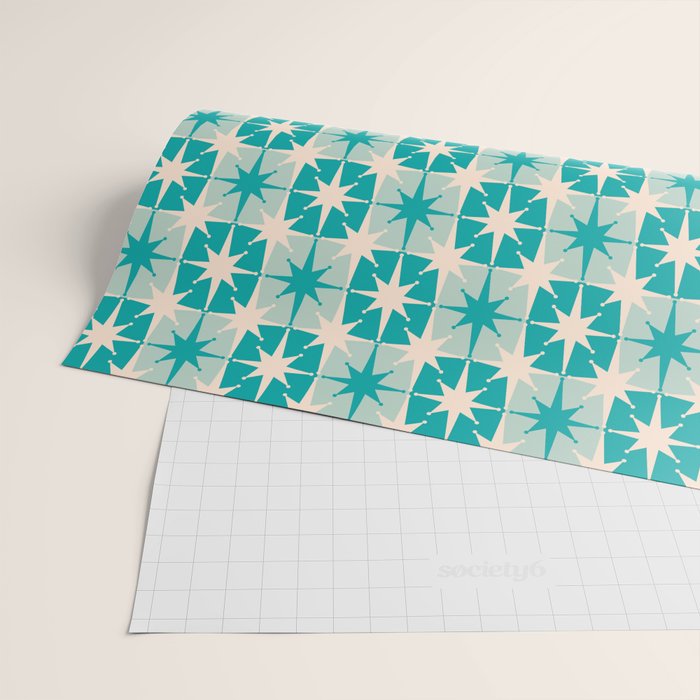 Mid Century Modern Atomic Stars Retro Checkered Starburst Pattern Turquoise Aqua Teal Wrapping Paper Gallery Image 2