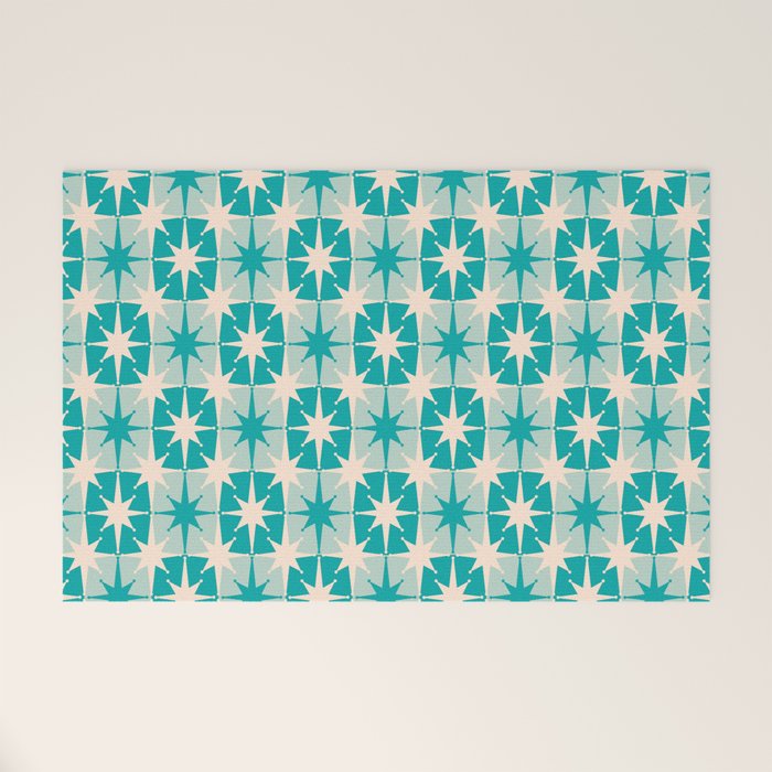 Mid Century Modern Atomic Stars Retro Checkered Starburst Pattern Turquoise Aqua Teal Welcome Mat Gallery Image 1