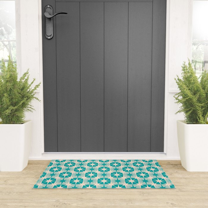 Mid Century Modern Atomic Stars Retro Checkered Starburst Pattern Turquoise Aqua Teal Welcome Mat Gallery Image 3