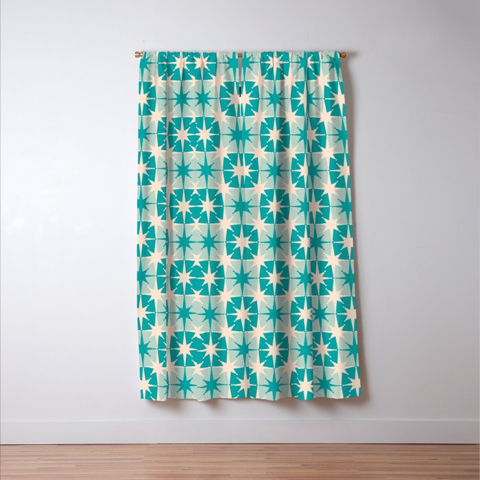 Mid Century Modern Atomic Stars Retro Checkered Starburst Pattern Turquoise Aqua Teal Window Curtain Gallery Image 3
