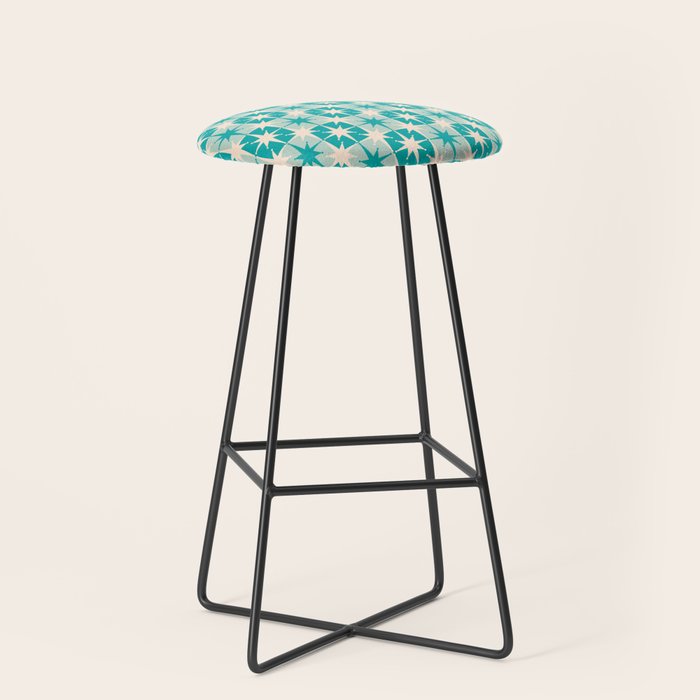 Mid Century Modern Atomic Stars Retro Checkered Starburst Pattern Turquoise Aqua Teal Stool Gallery Image 1