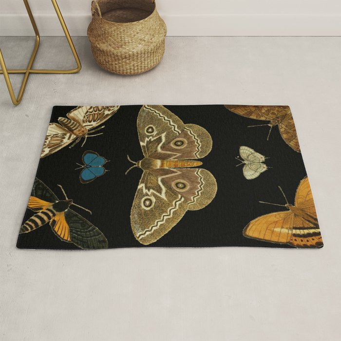 Moths Butterflies In Darkness Vintage Scientific Illustration Encyclopedia Diagram Rug Gallery Image 1