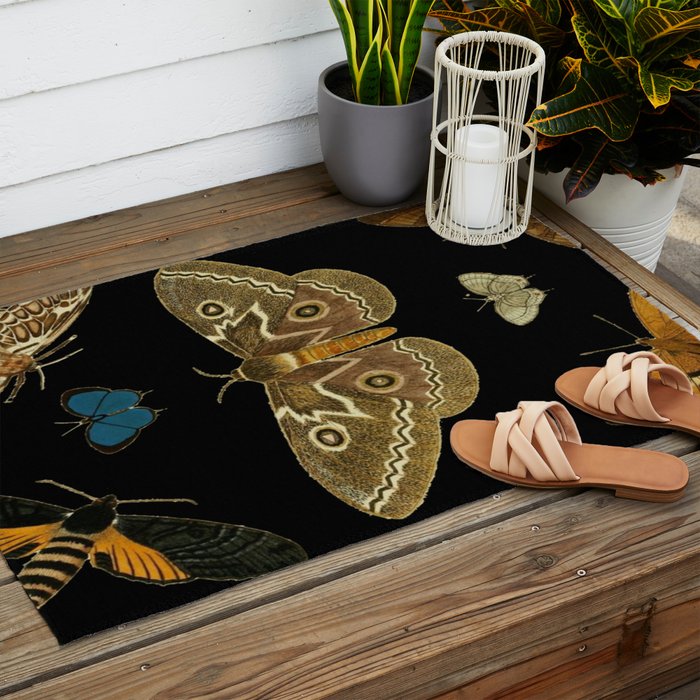 Moths Butterflies In Darkness Vintage Scientific Illustration Encyclopedia Diagram Outdoor Rug Gallery Image 2