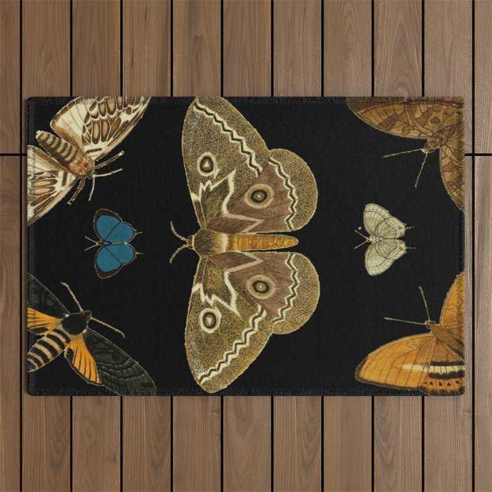 Moths Butterflies In Darkness Vintage Scientific Illustration Encyclopedia Diagram Outdoor Rug Gallery Image 1