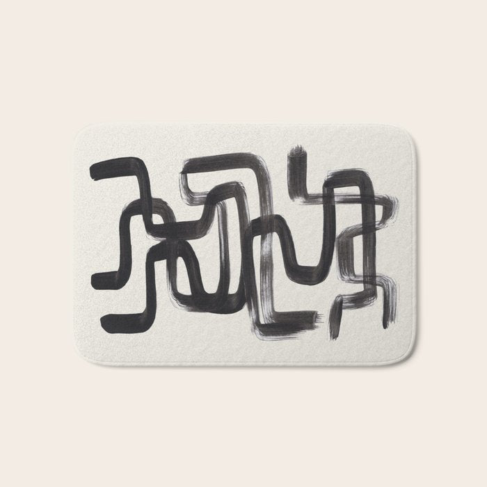 Mid Century Modern Minimalist Abstract Art Brush Strokes Black & White Ink Art Pipe Maze Bath Mat Gallery Image 1