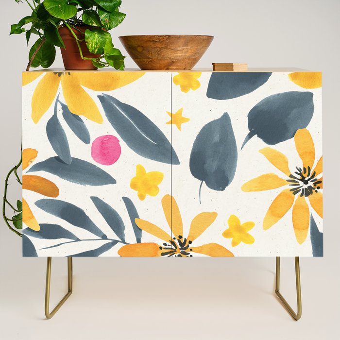 Watercolor Painting Fantasy Yellow Flower Blooming Floral Kingdom Credenza Gallery Image 1