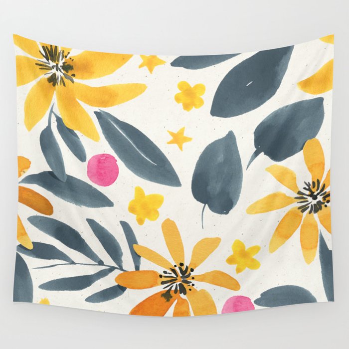Watercolor Painting Fantasy Yellow Flower Blooming Floral Kingdom Wall Tapestry Gallery Image 4