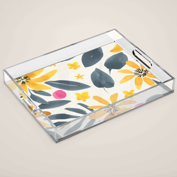 Watercolor Painting Fantasy Yellow Flower Blooming Floral Kingdom Acrylic Tray Gallery Image 1