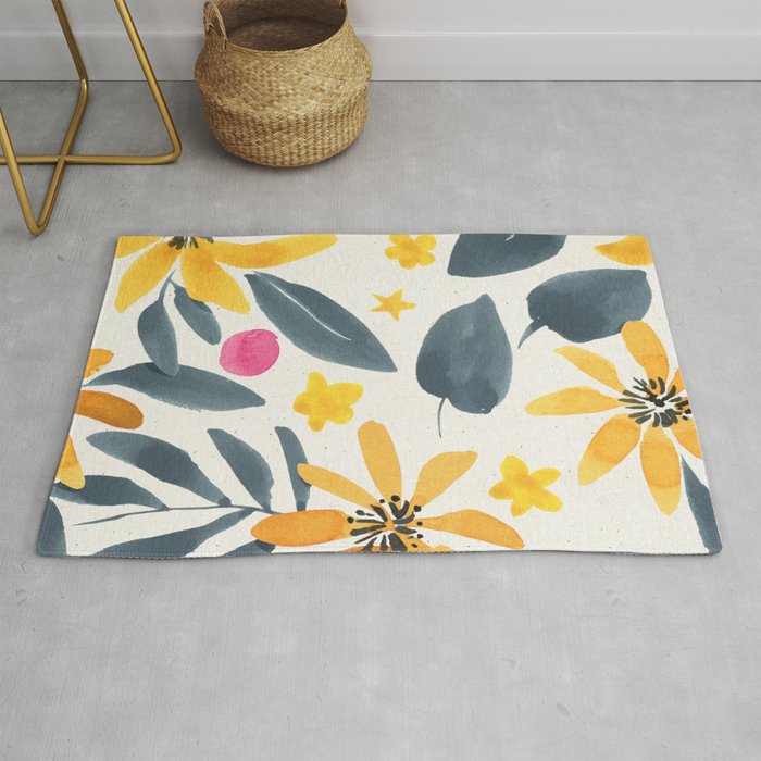 Watercolor Painting Fantasy Yellow Flower Blooming Floral Kingdom Rug Gallery Image 1