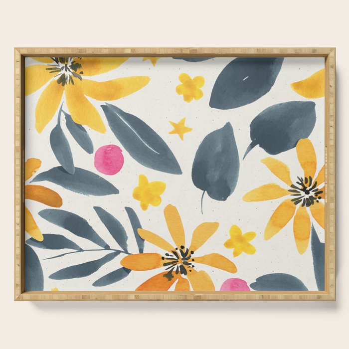 Watercolor Painting Fantasy Yellow Flower Blooming Floral Kingdom Serving Tray Gallery Image 1